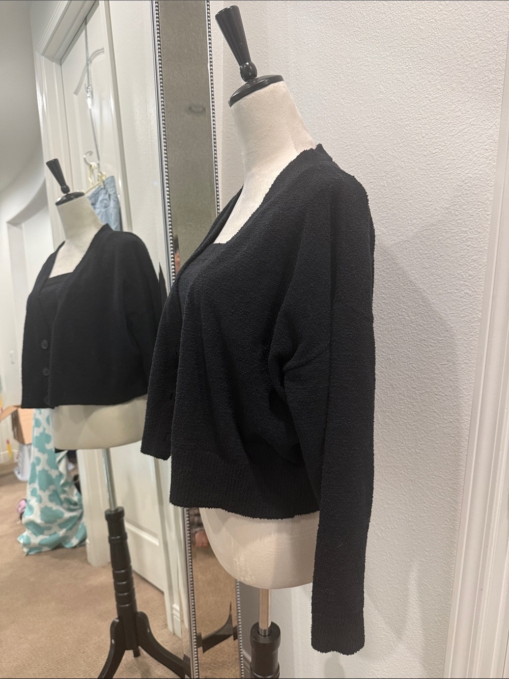 Central Park West Black Cropped Button Cardigan with Matching Tank - Picture 3 of 9